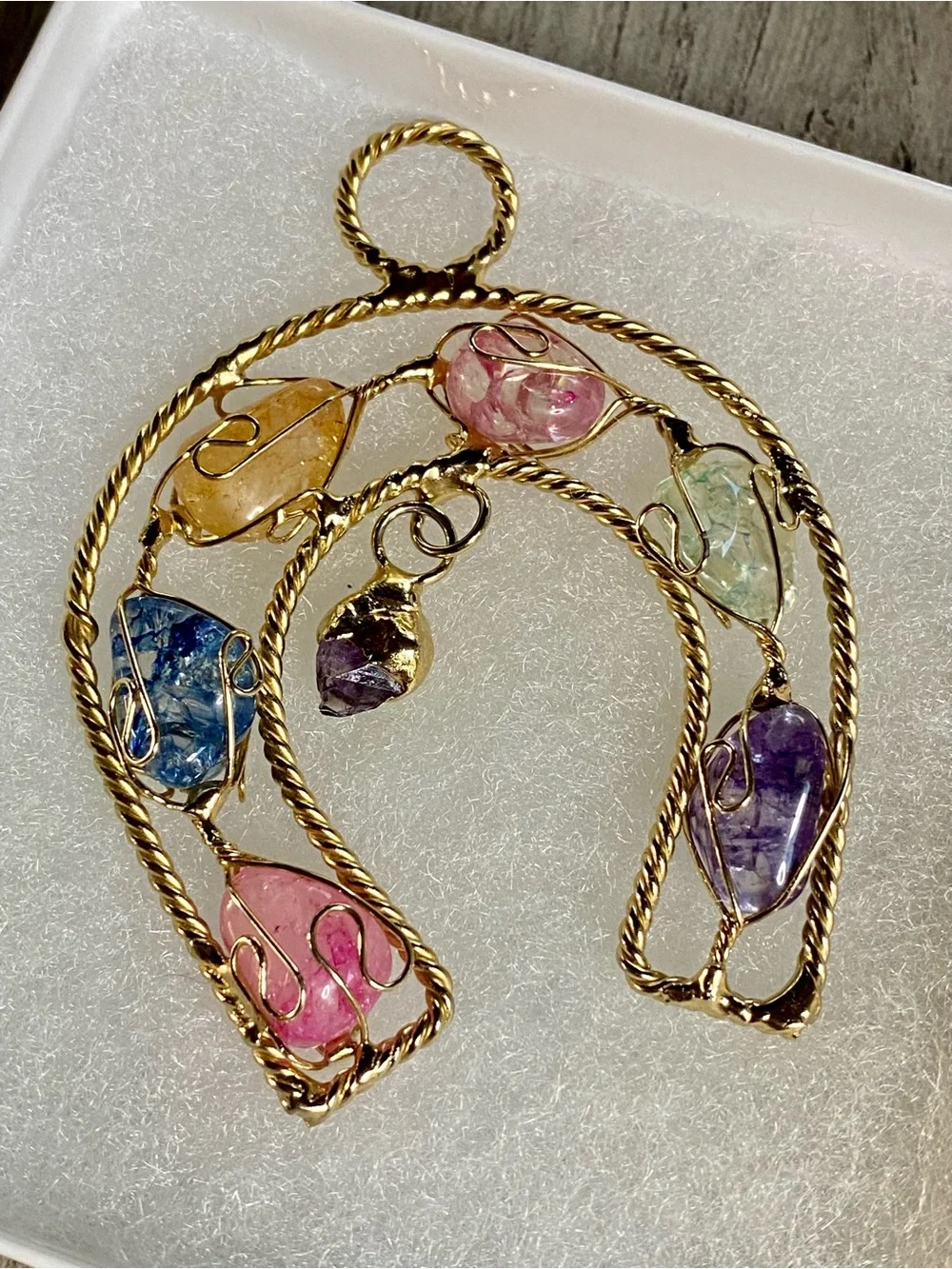 Gold-Tone Multi-Colored Wire-Wrapped Gemstone Pendant